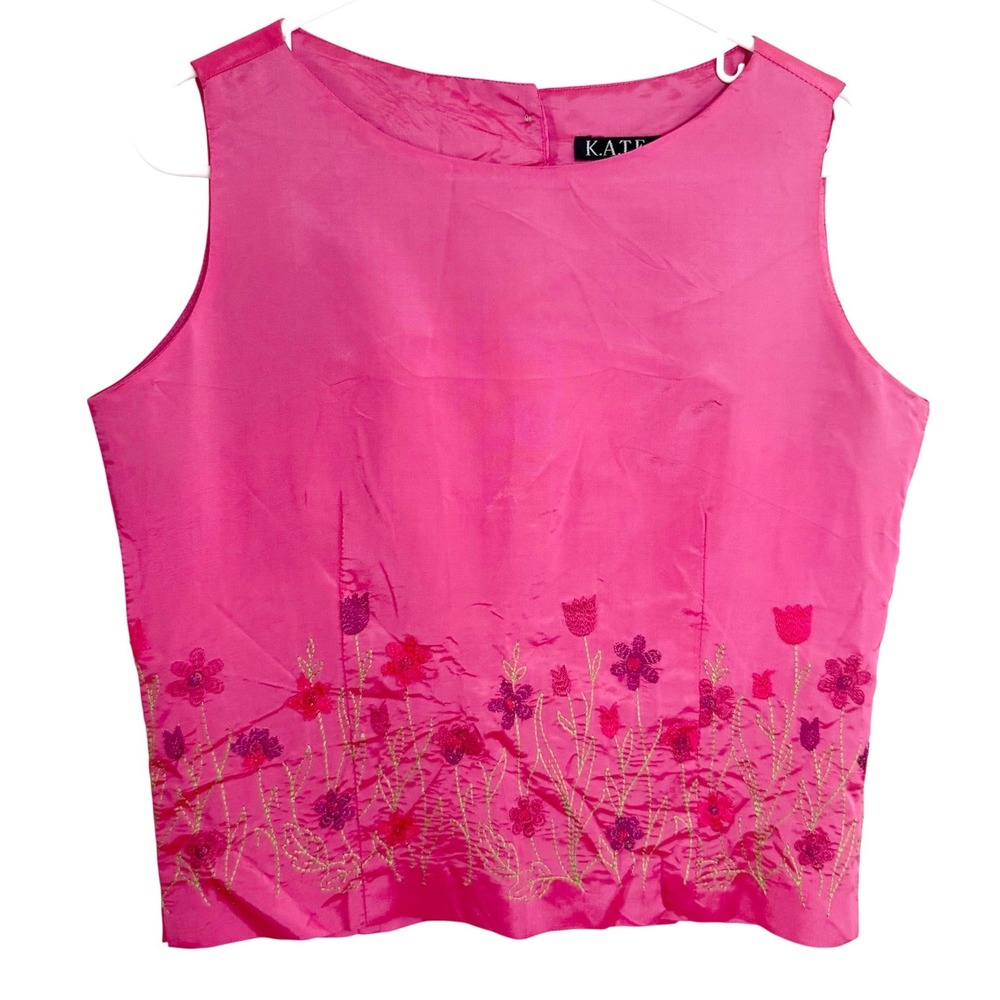 Vintage KATE Y2K 100% Silk Embroidered Floral Top Pink Sleeveless Small GORGEOUS